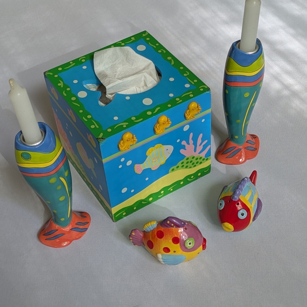 Hand-Painted Fish Tissue Box, Candle Holder And Salt & Pepper Set.